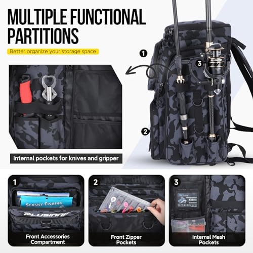 PLUSINNO Fishing Backpack with Tackle Boxes,Fishing Gear,42L Waterproof tackle Backpack with Rod Holders,Lures,Tools,Pliers & Accessories, Fish Gifts for Men - Image 4