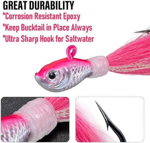 Dr.Fish 3 Pack Bucktail Jig Lure Hair Jig Saltwater Freshwater Lures Surf Fishing Bass Flounder Striper Bluefish Halibut Redfish - Image 5