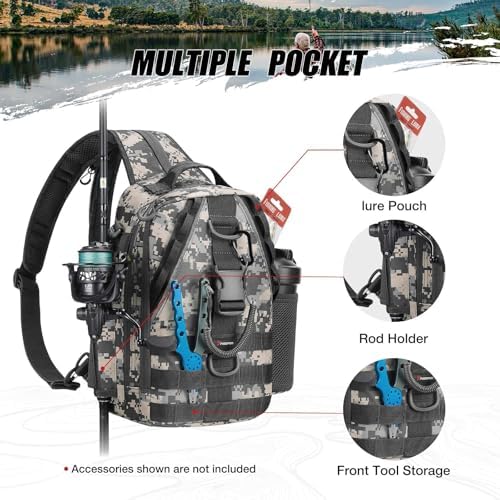 Piscifun Fishing Backpack, Rod Holders, Lightweight Sling Bag, Digital Camo - Image 4