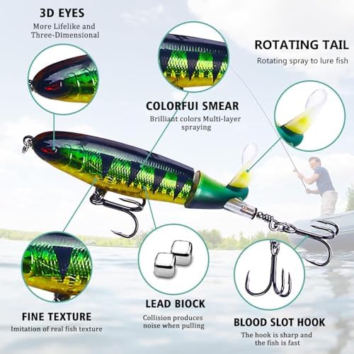 Topwater Fishing Lures With Storage Box, Whopper Popper for Bass, Catfish, Pike, Perch - Floating Pencil Bait With Rotating Tail for Freshwater or Saltwater - Image 2