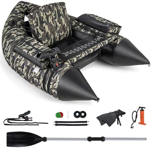 GYMAX Fishing Float Tube, 350LBS Inflatable Belly Boat with Oar, Flippers, Rod Holder, Fish Ruler, Hand Pump & Zipper Storage, Portable Backpack Float Tubes for Fishing by GYMAX