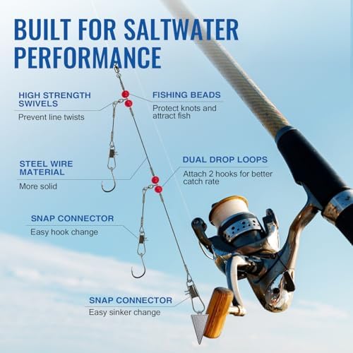 Narcissus Double Drop Saltwater Fishing Rig –2 Hook Bottom Rigs with Swivels & Snaps, Pre-Tied Surf Pier Boat Leader Line for Snapper, Bass, Mackerel, Catfish - Image 3