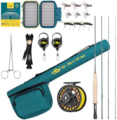 SF Fly Fishing Rod Combo Starter Kit Semi Gloss Green Jade Finish 24T Carbon Fiber Trout Travel Fly Rod with Reel,Fly Rod case,Fly Box , Flies,Tapered Leader,Knot Tying Tools by SUNSHINEFISHING