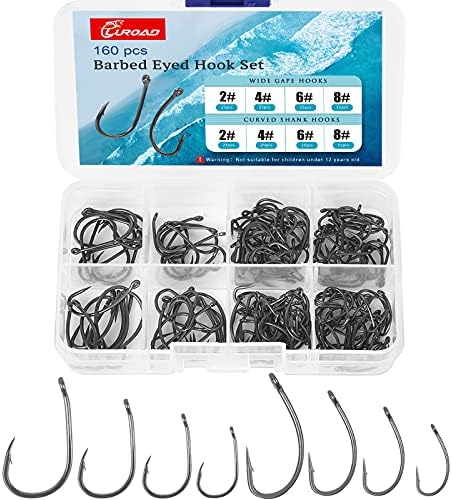 Carp Fishing Hooks Set, 160Pcs Barbed Curved Shank and Wide Gape Carp Hooks, Teflon Coarse Fishing Hooks Comes in Multiple Section Tackle Storage Box-Hook Size2, 4, 6, 8 by Luroad