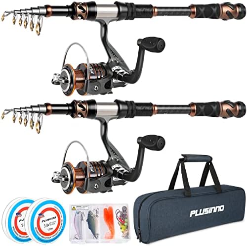 PLUSINNO Fishing Rod and Reel Combos - Carbon Fiber Telescopic Fishing Pole - Spinning Reel 12 +1 Shielded Bearings Stainless Steel BB by PLUSINNO