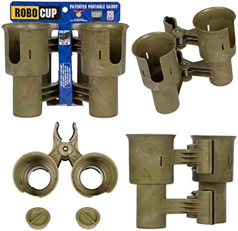 ROBOCUP, (Camo), Patented Boat Cup Holder, Clamp on Portable Storage Caddy Securely Holds 2 Drinks, Fishing Poles, Tools, Marine Gear | Perfect for Boating, Beach Umbrellas, Golf Carts by RoboCup