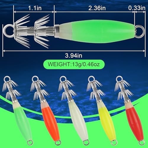 OROOTL Squid Jigs Saltwater Fishing Lures, 5/10pcs Glow Squid Jig Hooks Luminous Cuttlefish Sleeve Octopus Jig Baits Night Fishing Octopus Lures Set with Tackle Box - Image 5