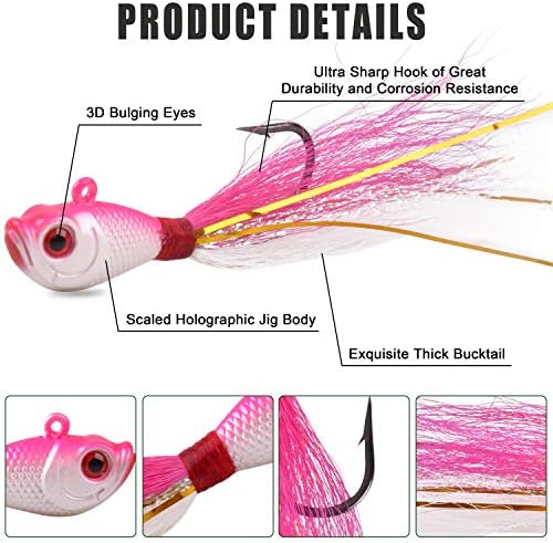 Bucktail Jigs Saltwater Lures,3/5PCS Bucktail Hair Jigs Head Fishing Lure Baits Assorted Kit for Bass Striper Bluefish Surf Fishing 1/4oz 1/2oz 1oz 1.5oz 2oz - Image 2
