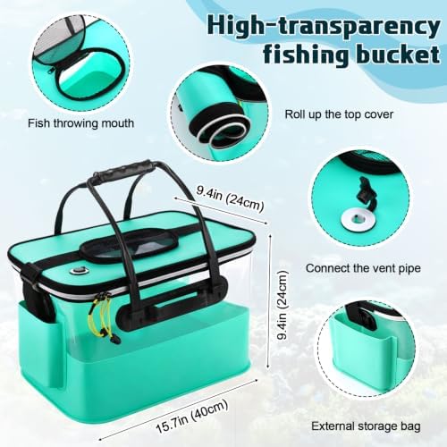 3 Pcs Fishing Bucket, Live Bait Aerator and Fishing Cast Net with Heavy Duty Sinker Foldable Live Bait Bucket Portable Quiet Aerator Fish Transport Container Outdoor EVA Bag - Image 2