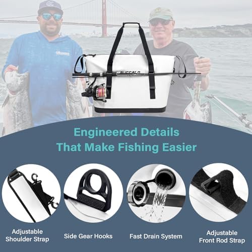 Buffalo Gear Fish Cooler Bag – 37Qt Seamless Insulation Fish Kill Bag, Keeps Ice Cold Up to 36 Hours, Foldable & Waterproof with Rod Attachment Straps & Gear Loops, White - Image 3