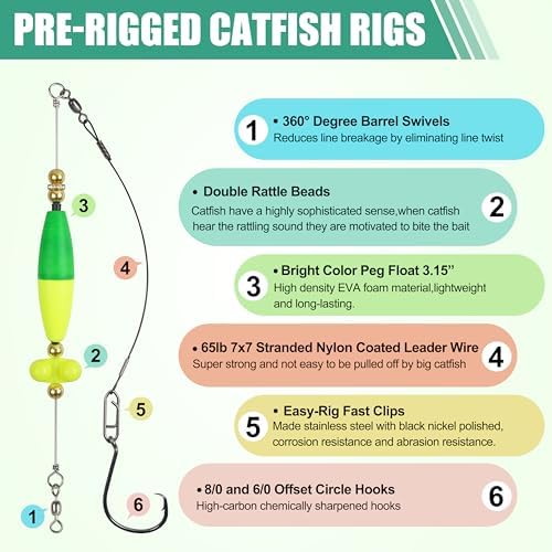 Catfish Rigs Catfish Float Rigs, Catfishing Tackle with Rattles Beads Peg Floats Santee Cooper Rigs for Bank Fishing 6/0 8/0 Circle Hooks - Image 2