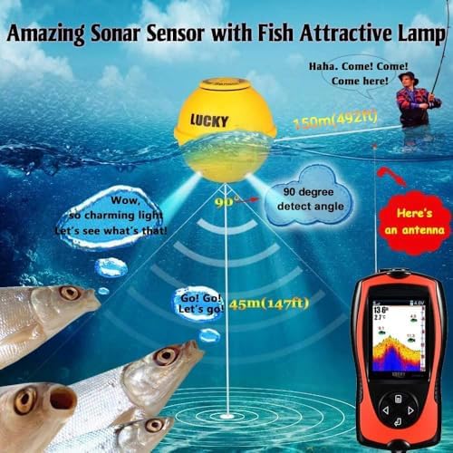 LUCKY Portable Fish Finder Transducer Sonar Sensor 147 Feet Water Depth Finder LCD Screen Echo Sounder Fishfinder with Fish Attractive Lamp for Ice Fishing Sea Fishing - Image 2