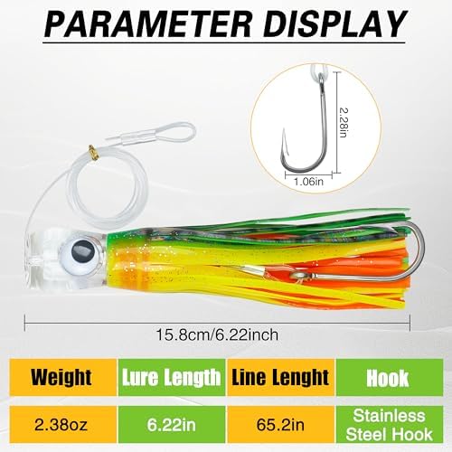 Trolling Lures Saltwater for Tuna Mahi Marlin Wahoo Dolphin Shark Offshore Trolling Baits with Squid Skirt Big Game Fishing Lures Deep Sea Squid Skirts Rig 6/9 inch - Image 3