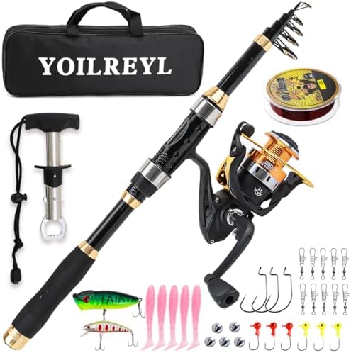 Yoilrey Fishing Rod and Reel Combo – 5.9ft Telescopic Fishing Pole Starter Kit with Spinning Reel, Fishing Line, Lure Box & Tackle Bag for Travel by Yoilrey