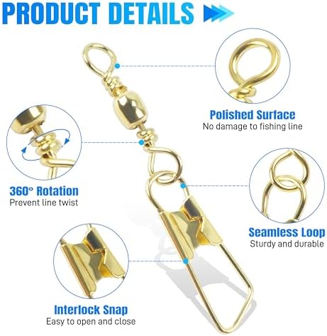 AGOOL Fishing Swivels Snaps, 60/120pcs Barrel Swivels with Nice Snaps Gold High Strength Solid Rings Line Lures Connector Fishing Tackle Accessories - Image 2