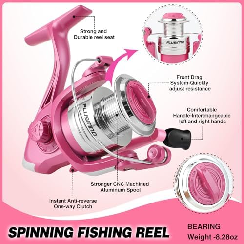 Fishing Rod and Reel Combos, Fishing Gear Gifts for Women with Spinning Reel, Lures, Line, Pink Ladies Telescopic Pole Kit Designed for Girls Adults by PLUSINNO - Image 4