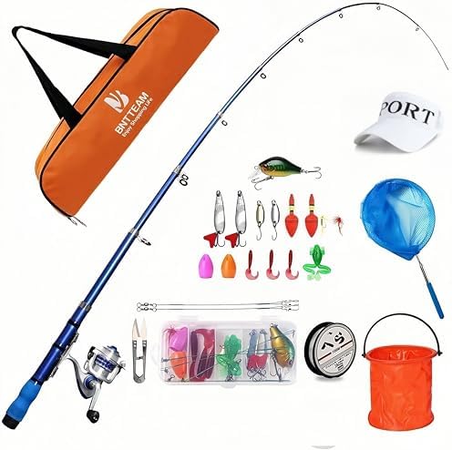 Portable Fishing Spinning Rod and Reel Combo Set Carbon Fiber Fluorescent Rod Tip, with Fishing Lures Line Carrier Bag Kits for Travel Surf Saltwater Freshwater by Unknown