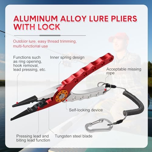Lasnten 2 Pcs Fishing Pliers Saltwater Sheath Lanyard, Red, Silver - Image 2