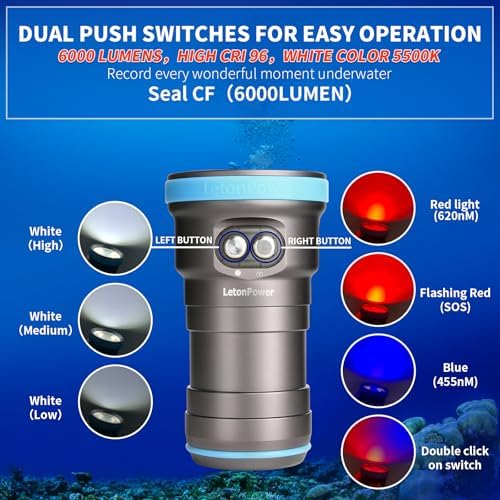 Seal CF 6000 Lumen Dive Light for Underwater Photography, 100m Underwater Video Light 96 CRI with 120 Degree Wide Beam Angle Scuba Flashlight for Professional Dive Photography Fill Light - Image 2