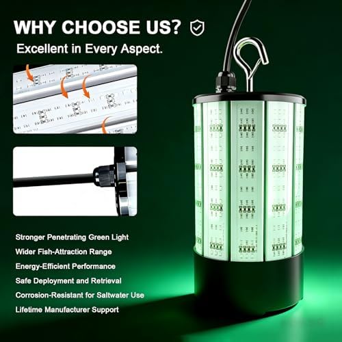 Underwater Fishing Light 120W 15000LM, 530nm Green Submersible Fish Attractant Light with 30FT Cord, 100–277V AC to 12V DC Adapter, 40FT Safety Cable, for Night Fishing, Dock, Boat - Image 6