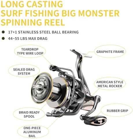 HAUT TON Spinning Reel, 6+1BB Metal Surf Fishing Reels, 55lbs Max Drag - Image 4