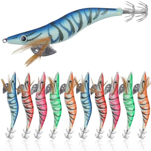 5pcs/10pcs Luminous Squid Jig Hooks Bionic Shrimps Lures Prawn Saltwater Hard Bait 3D Eyes for Octopus Jig Cuttlefish Artificial Baits Fish Tackle 3.94inch by VATEICO