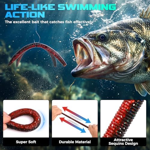 TOPFORT Fishing Lures, Bass Fishing Kit with Wacky Worm, Fishing Worms for Bass Fishing, Soft Plastic Baits with Hooks, Weights, Fishing Accessories, Fishing Gear Fishing Gifts for Men with Tackle Box - Image 2