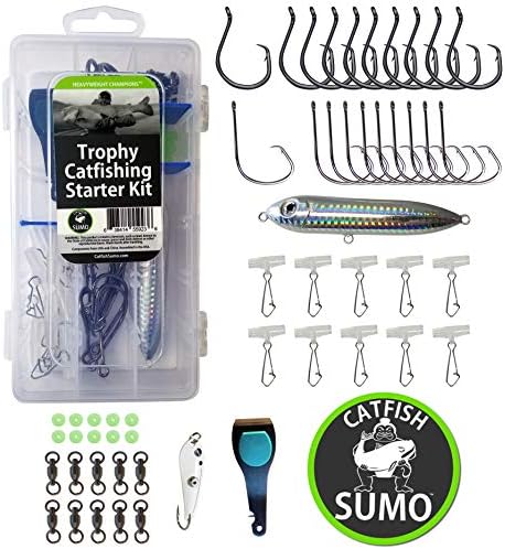 Complete Catfish Rig Tackle Set | Trophy Catfishing Kit with 8/0 Circle Hooks, Storage Box, Sinker Sliders, Knot Protectors, Swivels, Rattling Line Float, Nippers and Decal by CatfishSumo