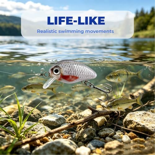 5PCS Micro Crankbait Fishing Lures Set, Lifelike 3D Eyes Hard Bait with Sharp Treble Hooks, Freshwater Saltwater Lures for Bass Trout Perch Walleye Pike, Tackle Box Included - Image 5