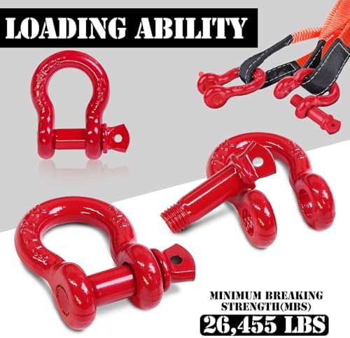 1/2" D Ring Shackle with 5/8" Screw Pin, 2T Working Load Limit (WLL) / 12T (26,455 lb) Minimum Breaking Strength (MBS) for Tow Strap Winch, Off-Road Vehicle Recovery (Red, 4 Pack) - Image 3