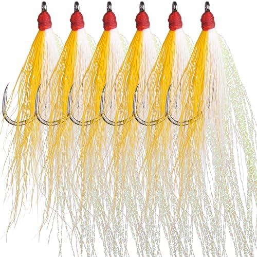 Bucktail Teasers Fishing Hooks Saltwater Flounder Rig Bucktail Mylar Teasers Inserted Fishing Teaser Hooks for Jigs Spoons Lures Hi/Lo Rig Striped Bass Bluefish Flounder Surf Bottom Fishing by AGOOL