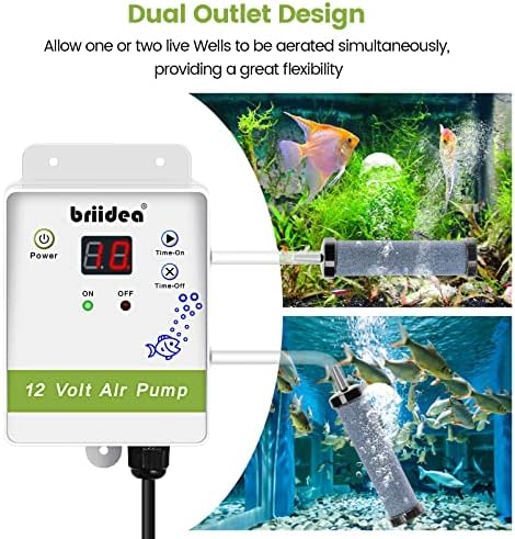 Aerator for Bait Bucket, Briidea 12 Volt Livewell Aerator Pump System with Timing Cycle Function, Dual Outlet, Designed for Use in Fresh and Salt Water to Keep Your Bait Fish Alive - Image 3