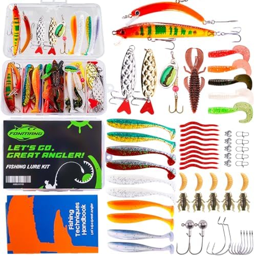 FONMANG Fishing Lures - Fishing Tackle kit with Fishing Spoons, Swim Bait, Jerk baits, Lure & Fishing Accessories, Bass Fishing Kit Also for Trout, Bluegill, Small Fishing Tackle Box for Freshwater by FONMANG