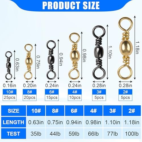 SILANON Fishing Barrel Swivels Kit, High Strength Rolling Barrel Swivels Fishing Tackle Stainless Solid Ring Brass Barrel Swivels Fishing Lure Leader Line Connectors Saltwater Freshwater - Image 3