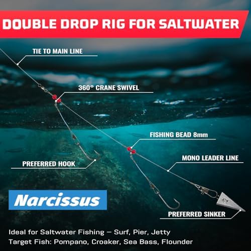 Narcissus Double Drop Saltwater Fishing Rig –2 Hook Bottom Rigs with Swivels & Snaps, Pre-Tied Surf Pier Boat Leader Line for Snapper, Bass, Mackerel, Catfish - Image 5