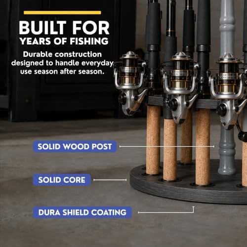 Rush Creek Creations 16-Rod Round Fishing Rod Holder for Garage, 360° Access Fishing Pole Holder for Fishing Rods, Reels, and Gear, Securely Holds 16 Rods, Barnwood - Image 5