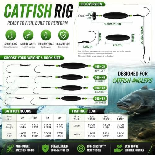2 Pack Catfish Rigs, Black Floating Carp Fishing Rigs with Double Hooks, Inline Rattle Float Setup for Heavy-Duty Fishing, 0.70oz 1.06oz 1.41oz - Image 2