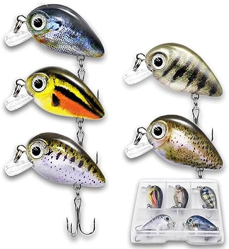 5PCS Micro Crankbait Fishing Lures Set, Lifelike 3D Eyes Hard Bait with Sharp Treble Hooks, Freshwater Saltwater Lures for Bass Trout Perch Walleye Pike, Tackle Box Included by SHINETAOFishingLures