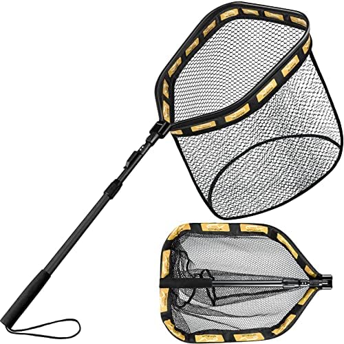 PLUSINNO Floating Fishing Net for Steelhead, Salmon, Fly, Kayak, Catfish, Bass, Trout Fishing, Rubber Coated Foldable Landing Net with Fixed or Telescoping Pole Handle, Fishing Gear and Gifts for Men by PLUSINNO
