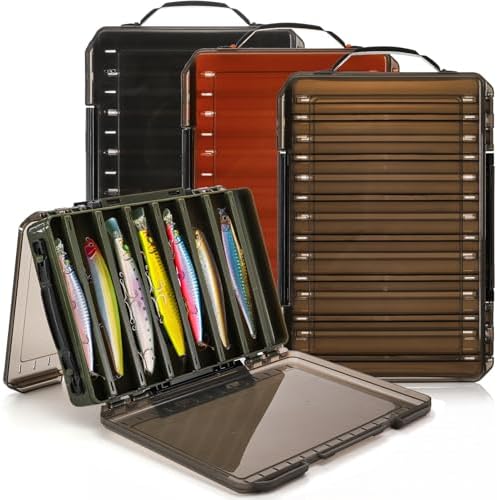 Noamus 3 Pack Double Sided Fishing Lure Boxes, 14 Compartments Fishing Tackle Organizer with 2 Buckle, Plastic Clear Storage Case, Visible Hard Bait Container for Jewelry Beads Earring Hook(3 Color) by Noamus