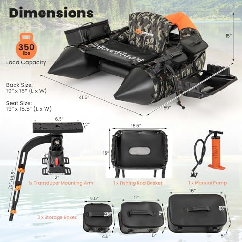 Goplus Inflatable Float Tube, Fishing Belly Boat with Fish Ruler, Pump, Storage Pockets, Adjustable Straps, Fishing Float Tube for Angling, 350LBS Load Capacity - Image 7
