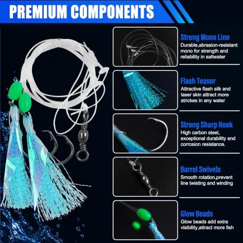 Fishing Bait Rigs Saltwater Set, Flounder Fluke Hi-Lo Rig with Flash Teaser 2 Hook Bottom Fishing Rigs Mackerel Rigs for Halibut Sea Bass Cod Rockfish Surf Pier Ocean Fishing - Image 2