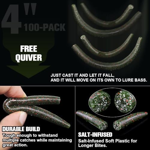 Wacky Worms Soft Plastic for Bass Fishing Lures–100 Pack 4" & 5" Stick Baits Wacky, Texas, Neko & Drop Shot Rigs–Bulk Soft Lure - Image 3