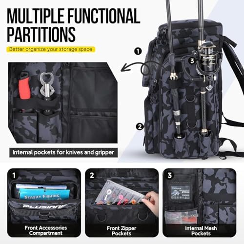 PLUSINNO Fishing Backpack with Fishing Net,42L Waterproof tackle Backpack with Tackle Boxes,Fishing Gear,Lures,Tools,Pliers & Accessories, Fishing Gifts for Men - Image 3