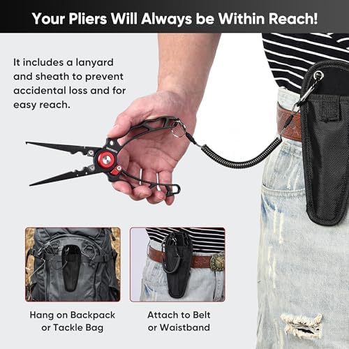 Fishing Pliers with Innovative Ergonomical Handle, Corrosion Saltwater Resistant,Fishing Multitool Hook Remover Braided Fishing Line Cutting, Split Ring with Coiled Lanyard and Sheath - Image 5