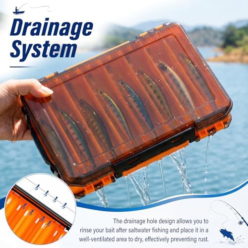 2 Pack Double Sided Fishing Lure Boxes 14 Compartments Waterproof Fishing Tackle Box Organizer with Handle, Portable Clear Hard Bait Storage Case for Jerkbait, Minnows & Hooks(Orange, Gray) - Image 5