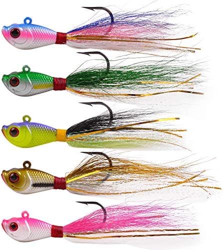 Bucktail Jigs Saltwater Hair Jig Lures, 5pcs Bucktail Jigs Fishing Lures Surf Fishing Jig Head Swimbait Jig Hook for Bass Flounder Striper 1/4oz 1/2oz 1oz 1.5oz by FUSIGO
