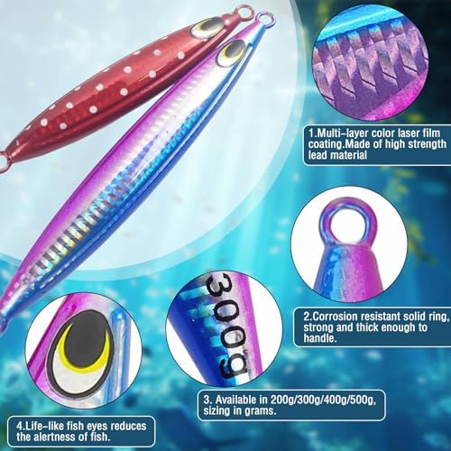 Eupheng Heavy Duty Fishing Jigs Saltwater 200g/300g/400g/500g, Glow in Dark Roller Slow Fall Lead Jig Deep Sea Fishing Jigging Lures for Tuna, Salmon, Sailfish, Grouper Snapper - Image 5