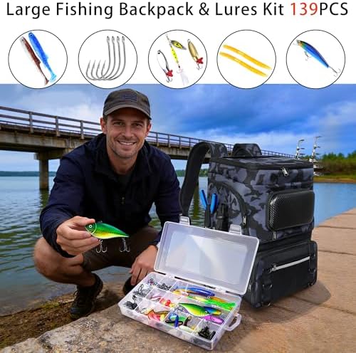 Fishing Backpack with Rod Holder and Tackle Boxes, Cooler, Large 50L Fishing Gear Bag with 139 Fishing Lures Kit, Fish Tool Set, Fish Gifts for Men Woman-Camo Backpack - Image 7