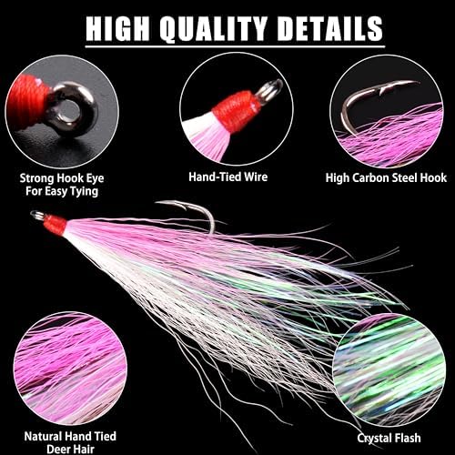 Bucktail Teasers Fishing Hooks Saltwater Flounder Rig Bucktail Mylar Teasers Inserted Fishing Teaser Hooks for Jigs Spoons Lures Hi/Lo Rig Striped Bass Bluefish Flounder Surf Bottom Fishing - Image 2